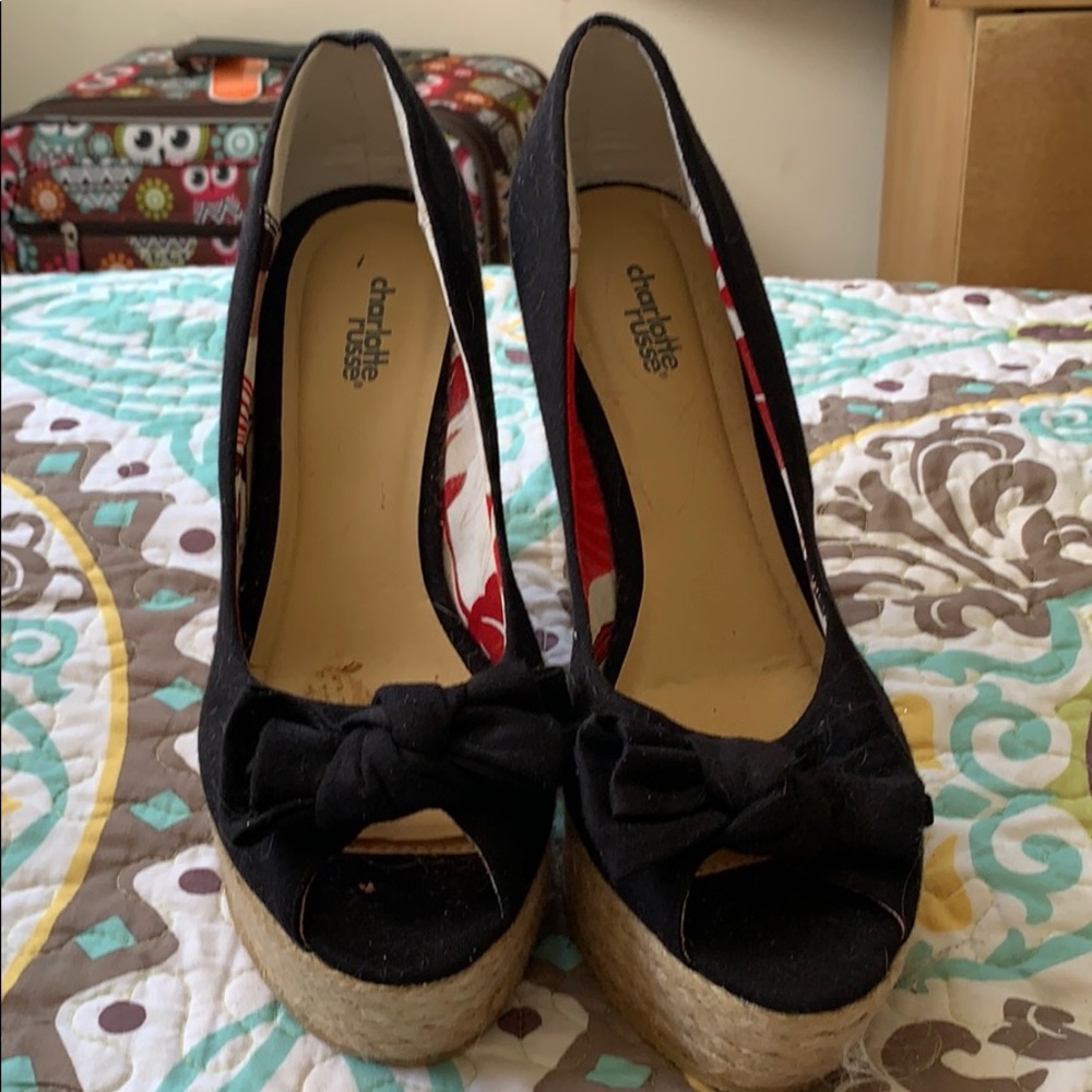 Black Charlotte Russe sandal wedges open tote
